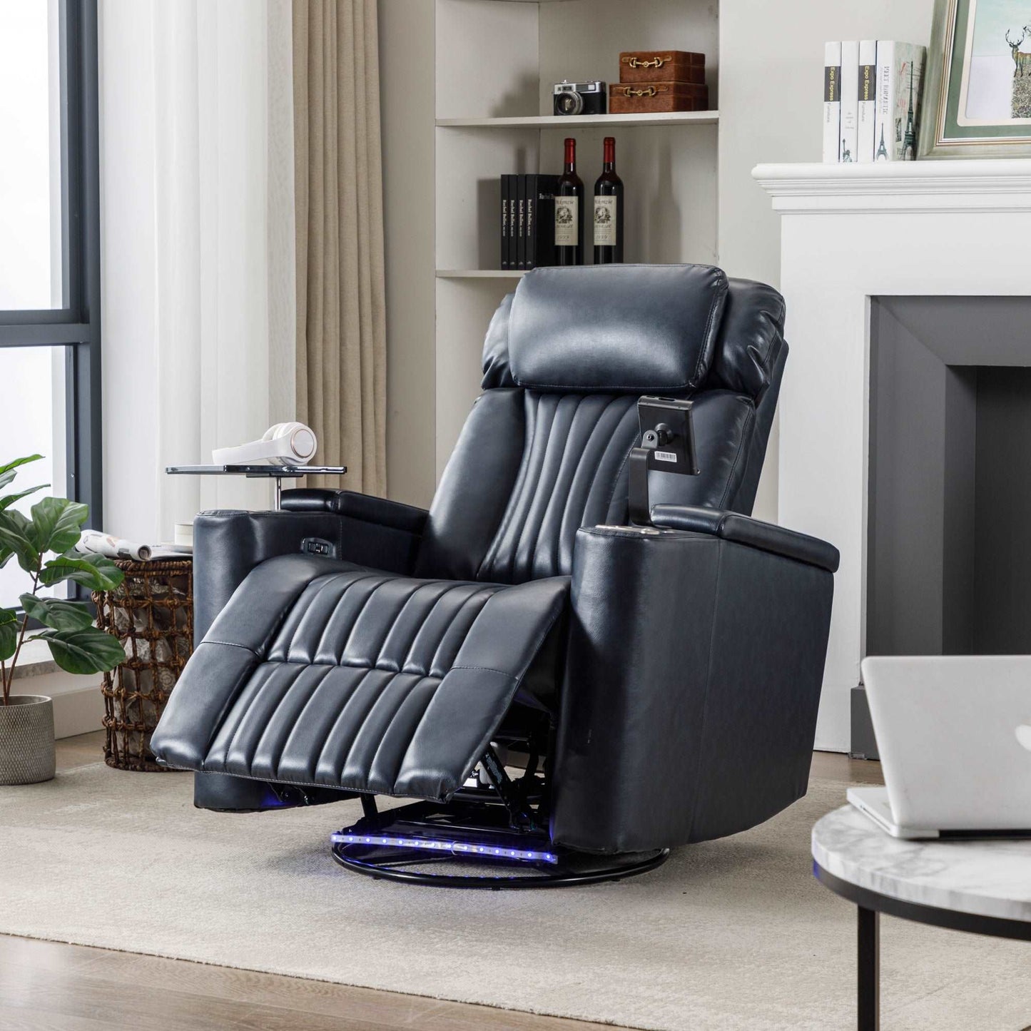 270° Power Swivel Recliner,Home Theater Seating With Hidden Arm Storage and LED Light Strip,Cup Holder,360° Swivel Tray Table,and Cell Phone Holder,Soft Living Room Chair,Blue