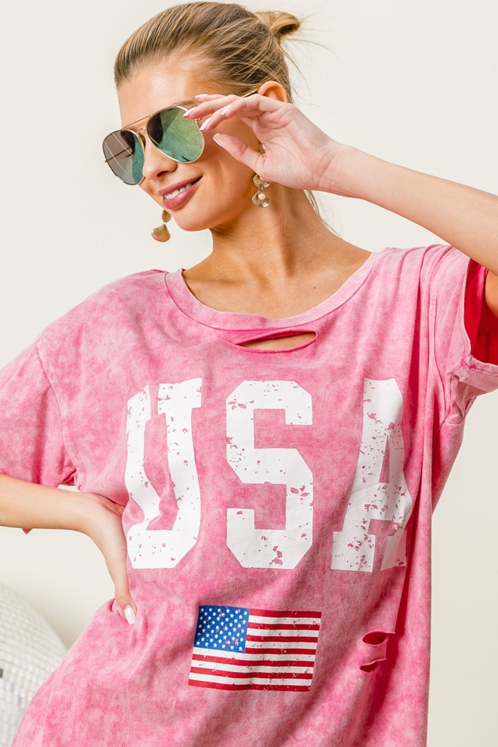 Washed American Flag Graphic Distressed T-Shirt