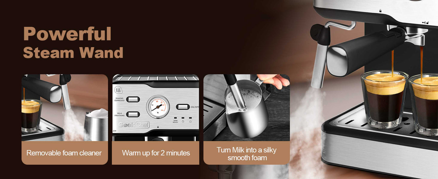Espresso Machine 20 Bar Pump Pressure Cappuccino latte with ESE POD filter&Milk Frother Steam Wand&thermometer, 1.5L Water Tank, Stainless steel Espresso Complimentary ESE Filter Ban on Amazon