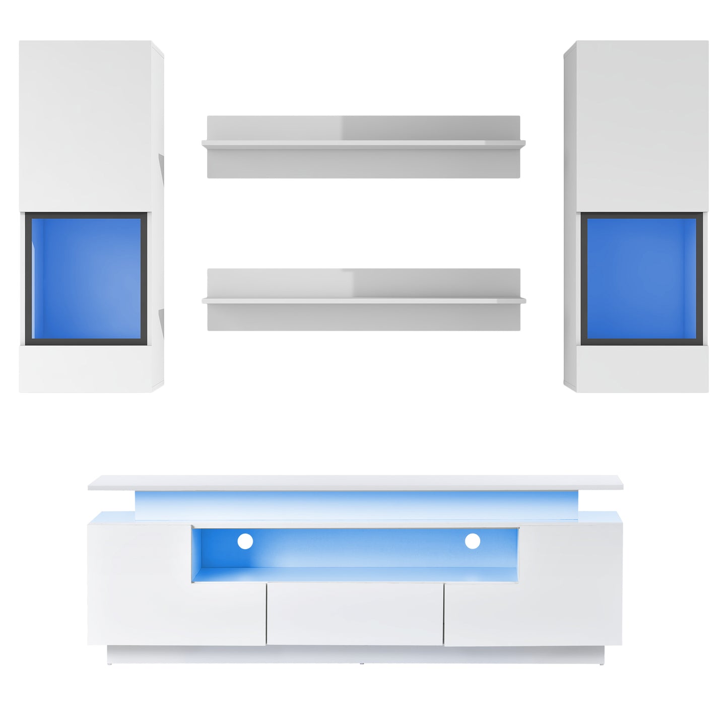 ON-TREND Stylish Functional TV stand, 5 Pieces Floating TV Stand Set, High Gloss Wall Mounted Entertainment Center with 16-color LED Light Strips for 75+ inch TV, White