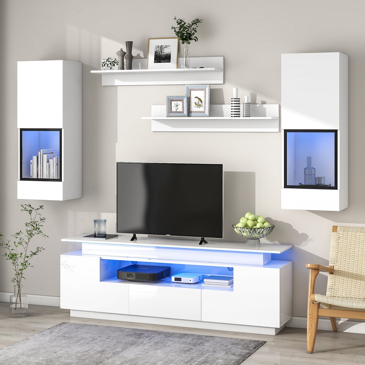 ON-TREND Stylish Functional TV stand, 5 Pieces Floating TV Stand Set, High Gloss Wall Mounted Entertainment Center with 16-color LED Light Strips for 75+ inch TV, White