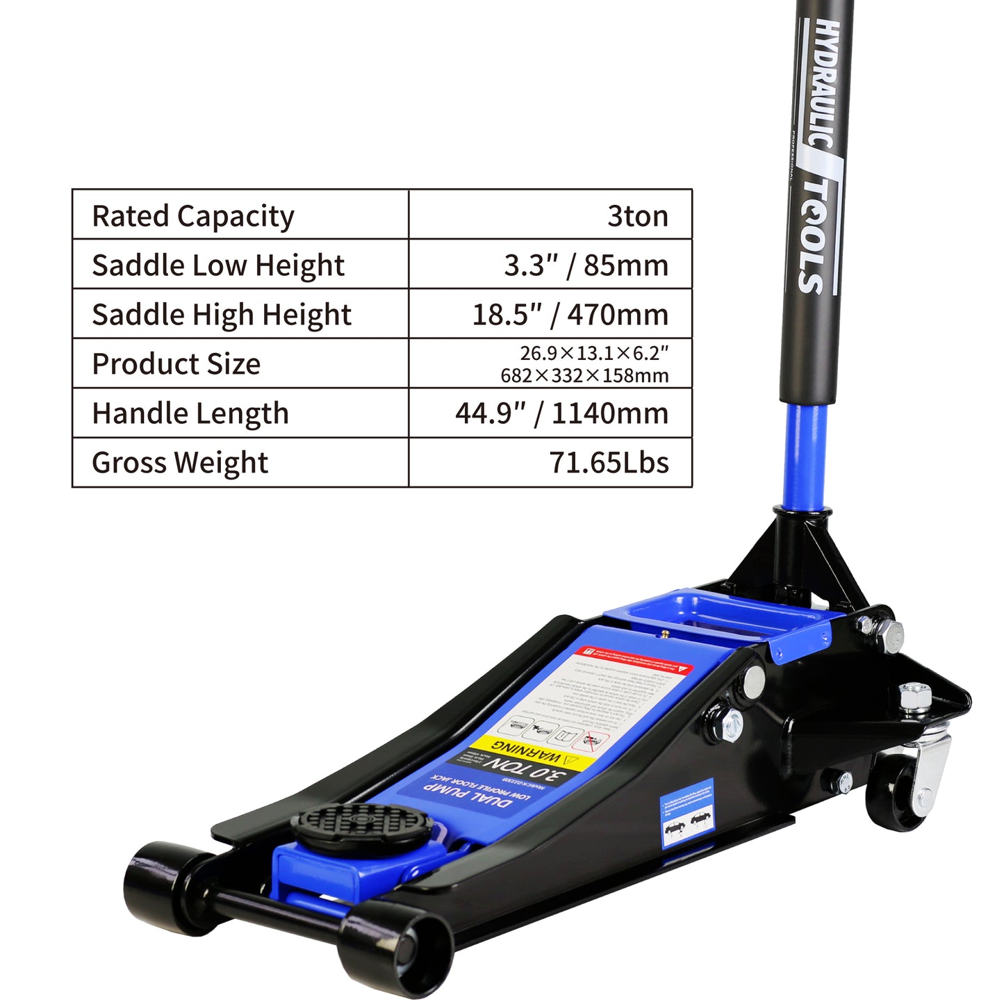 Hydraulic Low Profile and Steel Racing Floor Jack 3 Ton (6600 lb) Capacity, with Dual Piston Quick Lift Pump, Blue Lifting range 3.3"-18.5"