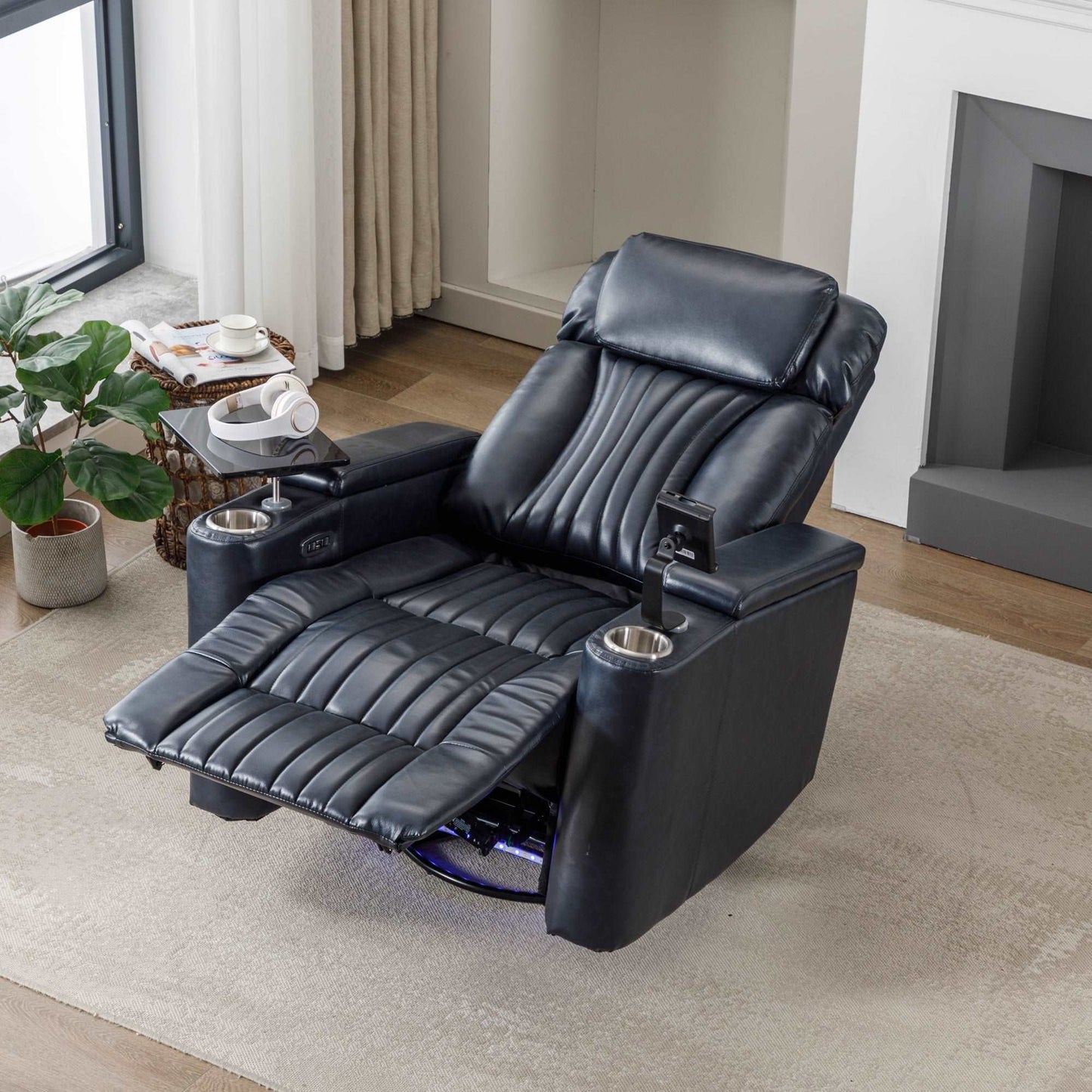 270° Power Swivel Recliner,Home Theater Seating With Hidden Arm Storage and LED Light Strip,Cup Holder,360° Swivel Tray Table,and Cell Phone Holder,Soft Living Room Chair,Blue