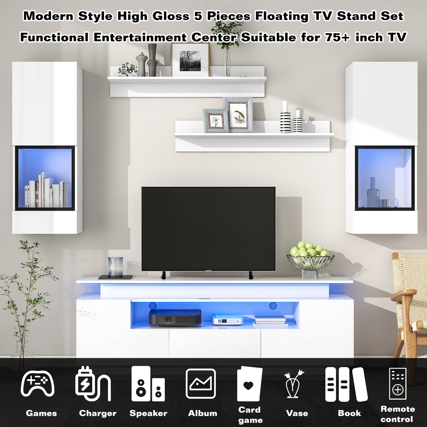 ON-TREND Stylish Functional TV stand, 5 Pieces Floating TV Stand Set, High Gloss Wall Mounted Entertainment Center with 16-color LED Light Strips for 75+ inch TV, White