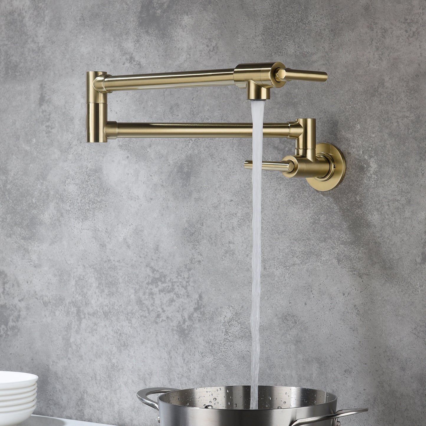Pot Filler Faucet Wall Mount. free-swivel arm to fill any pot. splash-free water flow. double handle