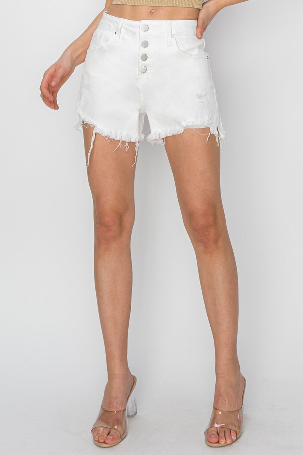 Leg white RISEN Button Fly Frayed Hem Denim Shorts