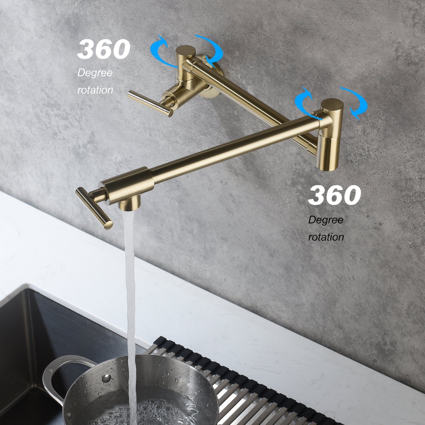 Pot Filler Faucet Wall Mount. free-swivel arm to fill any pot. splash-free water flow. double handle