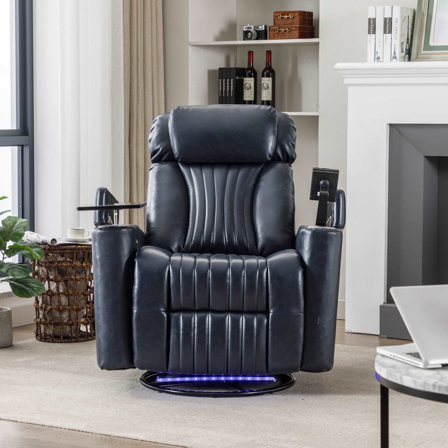 270° Power Swivel Recliner,Home Theater Seating With Hidden Arm Storage and LED Light Strip,Cup Holder,360° Swivel Tray Table,and Cell Phone Holder,Soft Living Room Chair,Blue