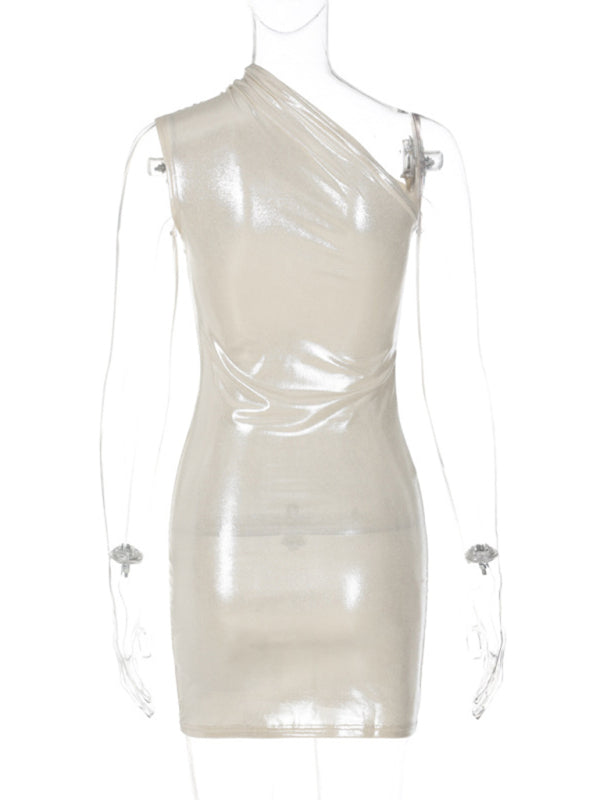Solid Color Slant Shoulder Sleeveless Hip Dress