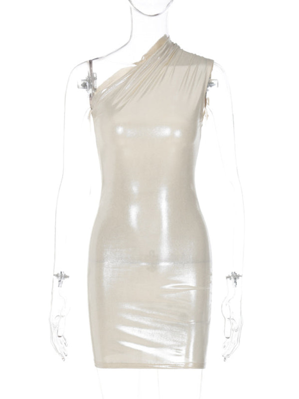 Solid Color Slant Shoulder Sleeveless Hip Dress