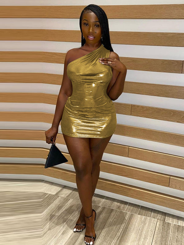 Solid Color Slant Shoulder Sleeveless Hip Dress