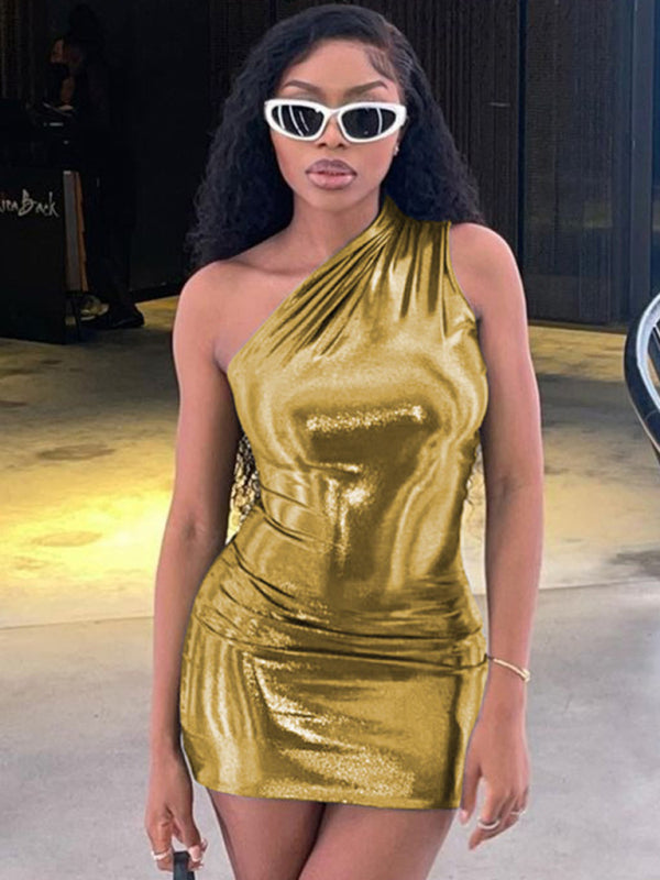 Solid Color Slant Shoulder Sleeveless Hip Dress