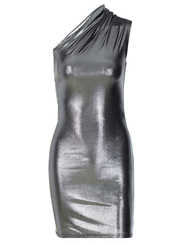 Solid Color Slant Shoulder Sleeveless Hip Dress