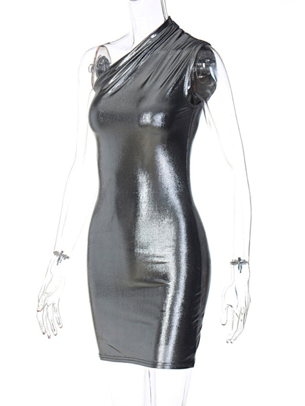 Solid Color Slant Shoulder Sleeveless Hip Dress