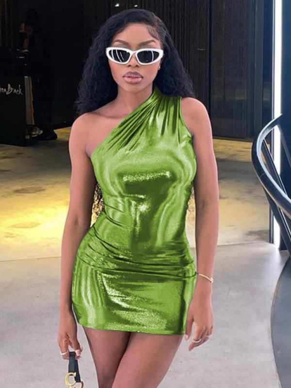 Solid Color Slant Shoulder Sleeveless Hip Dress