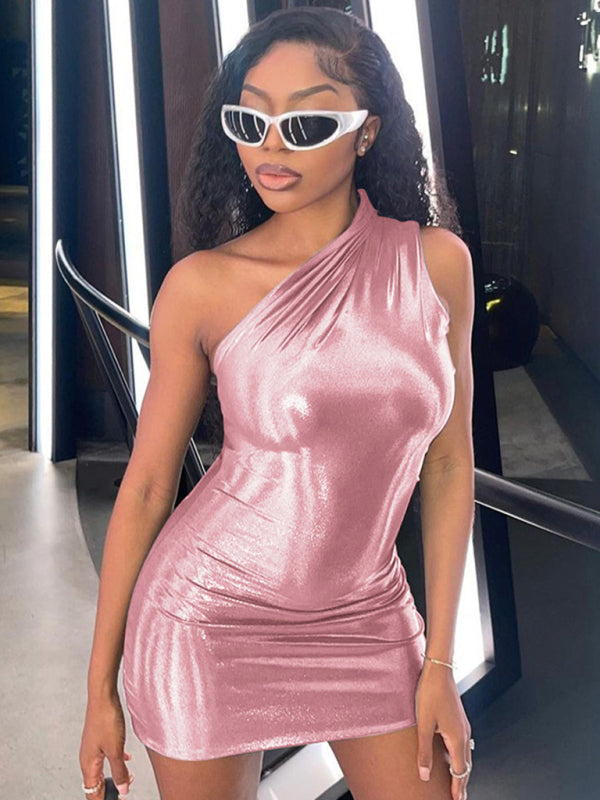Solid Color Slant Shoulder Sleeveless Hip Dress