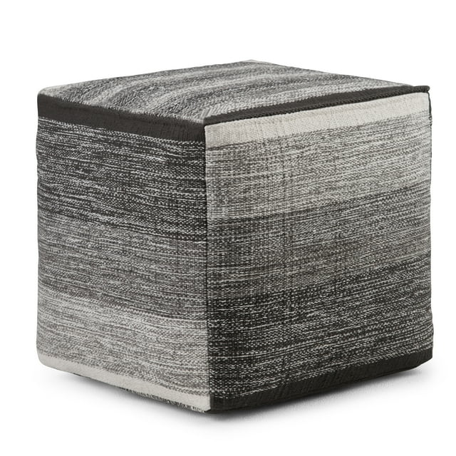 Simpli Home Naya Boho Cube Pouf in Patterned Gray Melange Cotton