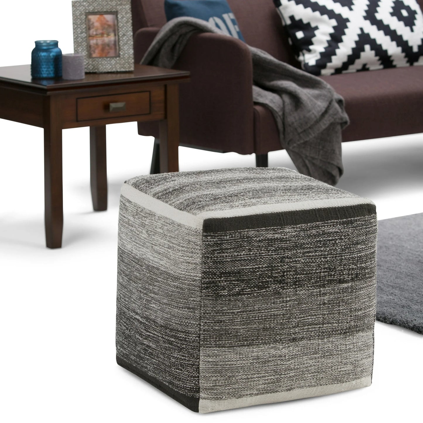 Simpli Home Naya Boho Cube Pouf in Patterned Gray Melange Cotton