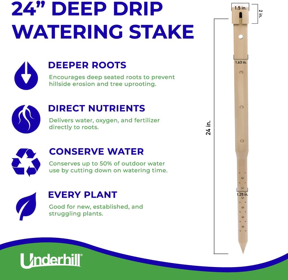 Underhill Deep Drip Irrigation Stakes 24-1/2-Inch, Case of 5 Watering Spikes for Trees with Medium Depth Roots, Drip System Parts Tubes, A-DD24