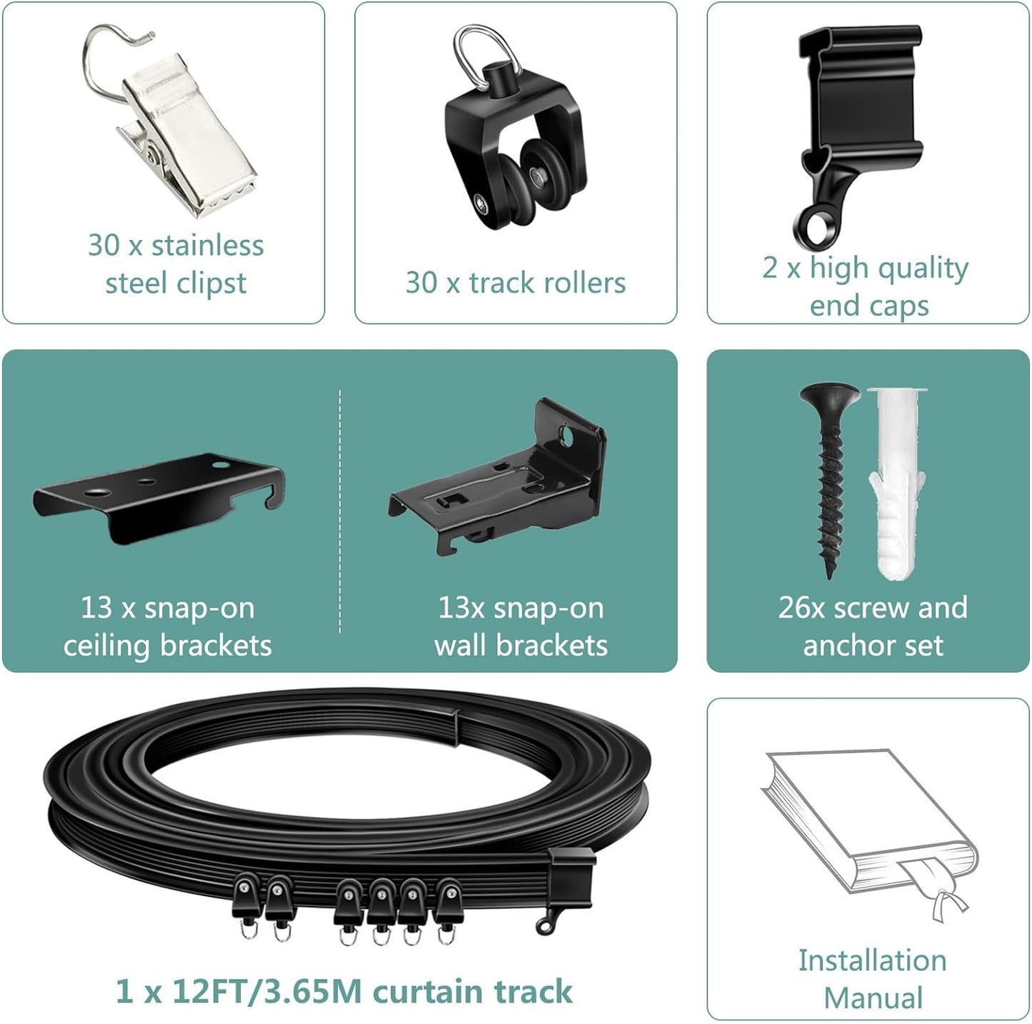 Ceiling Curtain Track, Flexible Bendable Curtain Track 20Ft Black Curved Ceiling Track for Curtain Rail Ceiling Wall Mount Curtain Sliding Track System Set for RV, Bay Window, Room Divider
