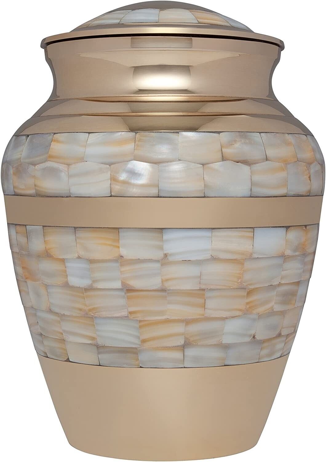 Mother of Pearl Gold Funeral Urn by Cremation Urn for Human Ashes - Hand Made in Brass - Suitable for Cemetery Burial or Niche - Large Size fits remains of Adults up to 200 lbs - Mother of Pearl