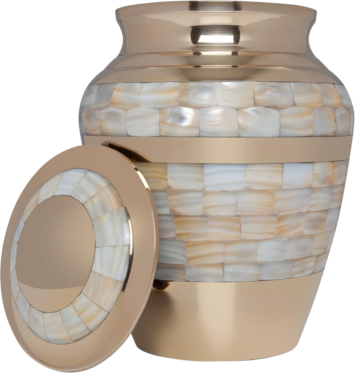 Mother of Pearl Gold Funeral Urn by Cremation Urn for Human Ashes - Hand Made in Brass - Suitable for Cemetery Burial or Niche - Large Size fits remains of Adults up to 200 lbs - Mother of Pearl