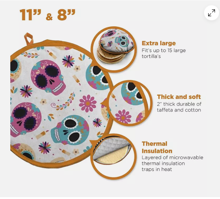 Sr.Tilla Tortilla Warmer White Calaveras package contains 1=8" & 1=11" (Each order contains 5 PAKS)