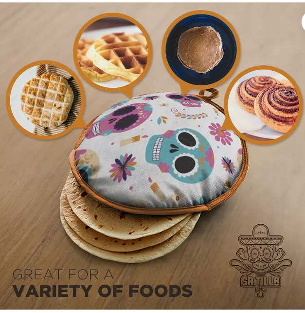Sr.Tilla Tortilla Warmer White Calaveras package contains 1=8" & 1=11" (Each order contains 5 PAKS)
