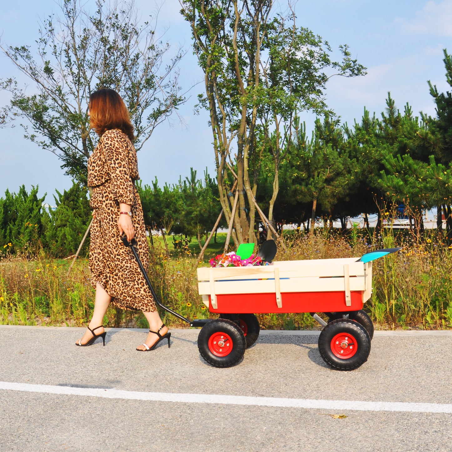 Outdoor Wagon All Terrain Pulling w/Wood Railing Air Tires Children Kid Garden（Red）