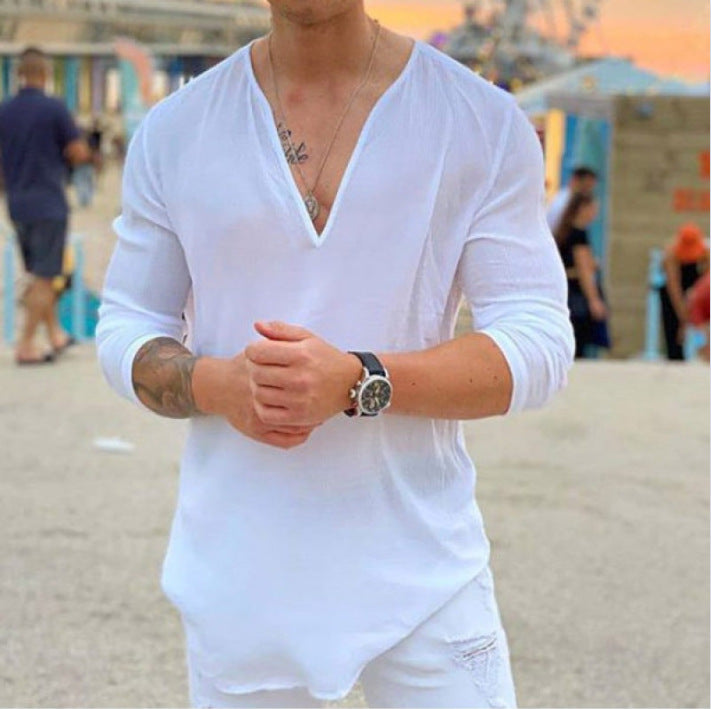 Men's V-Neck Casual Solid Color Long Sleeve T-Shirt Shirt Top