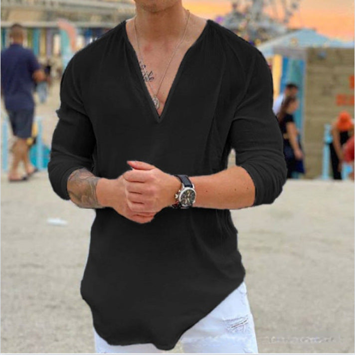 Men's V-Neck Casual Solid Color Long Sleeve T-Shirt Shirt Top