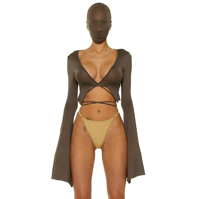 Sexy Tie Front Tops Slim Long Sleeve Cropped Tops