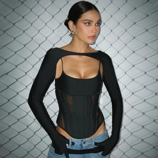 Camisole Long Sleeve Fingerless Gloves Coverall Set Top