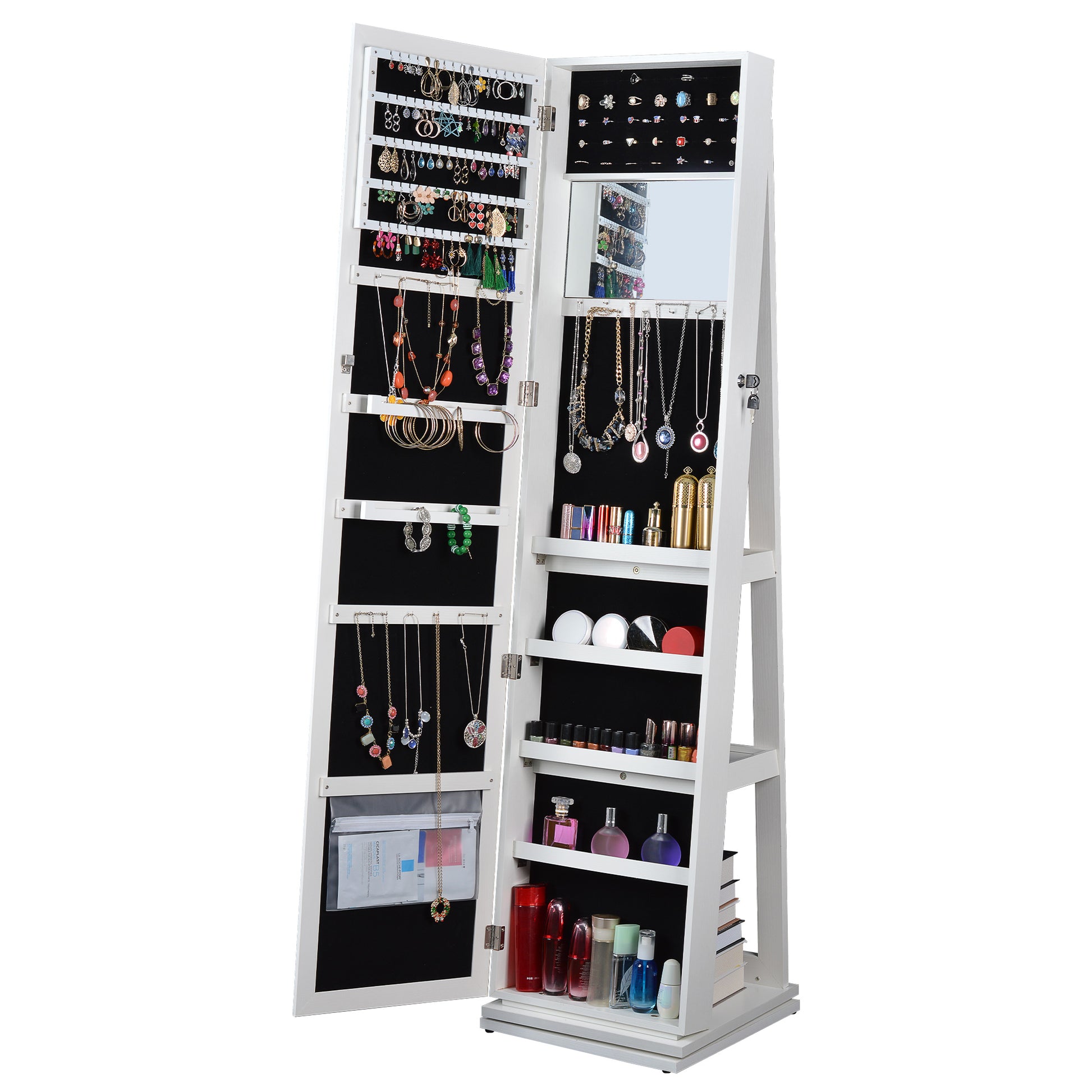360° Swivel Full-Length Mirror and Lockable Jewelry Cabinet Organizer- White_2