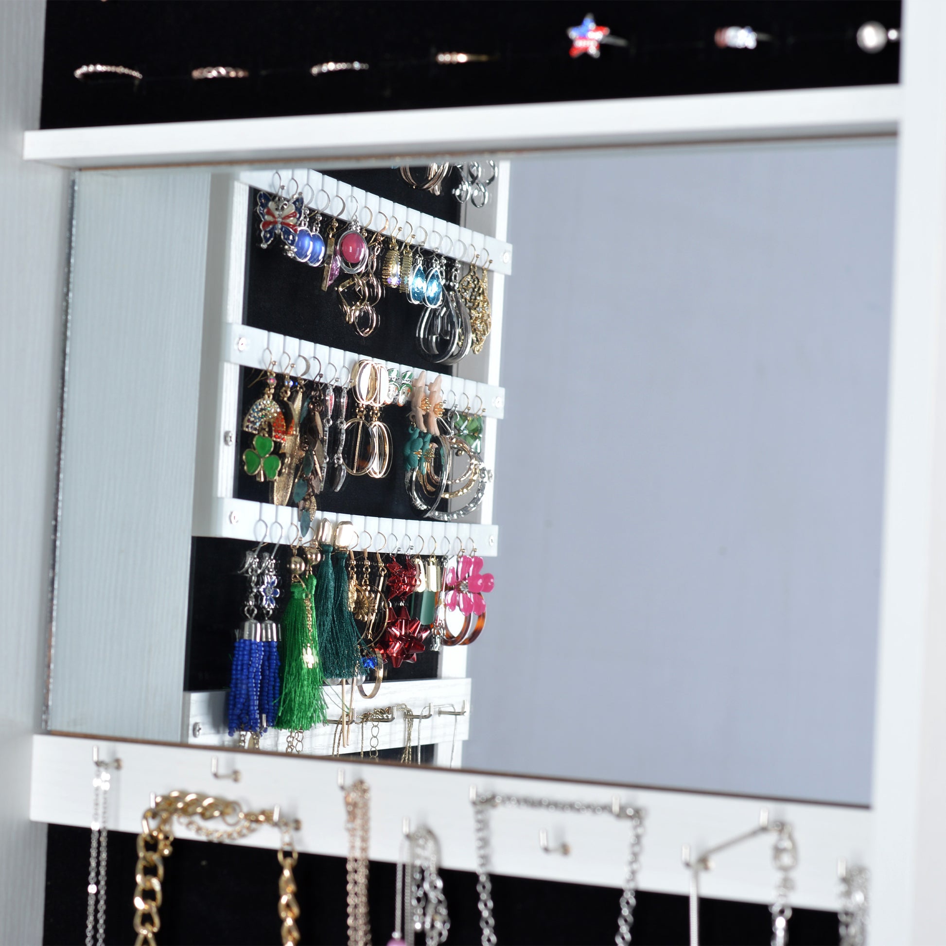 360° Swivel Full-Length Mirror and Lockable Jewelry Cabinet Organizer- White_11
