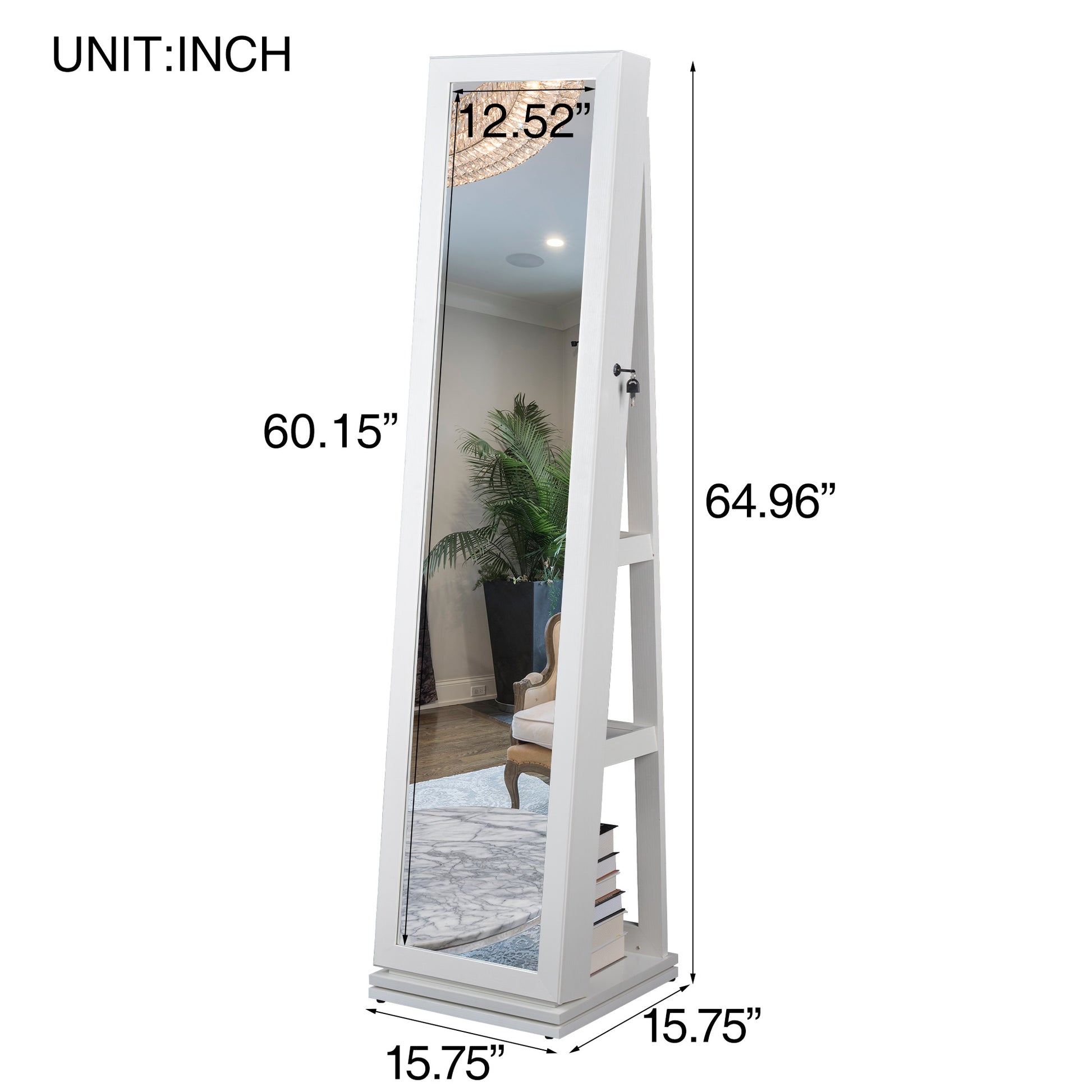 360° Swivel Full-Length Mirror and Lockable Jewelry Cabinet Organizer- White_3