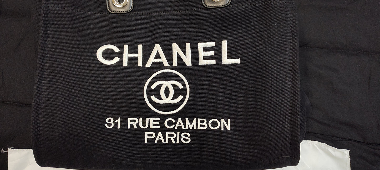 Inspired By: Chanel deauville tote white embroidered letters, canvas bag