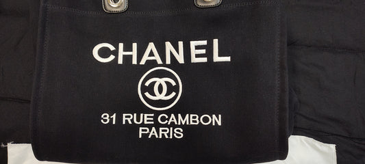 Inspired By: Chanel deauville tote white embroidered letters, canvas bag