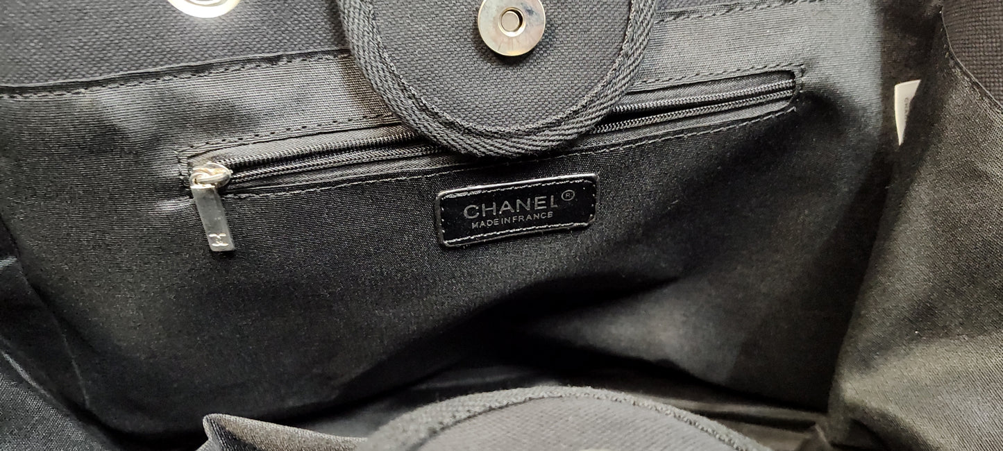 Inspired By: Chanel deauville tote white embroidered letters, canvas bag