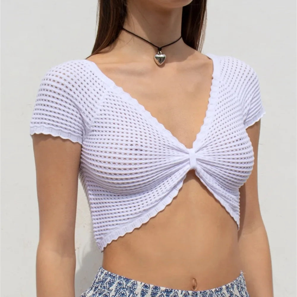 Knit Hollow Short-Sleeved Wrapped Vest Top