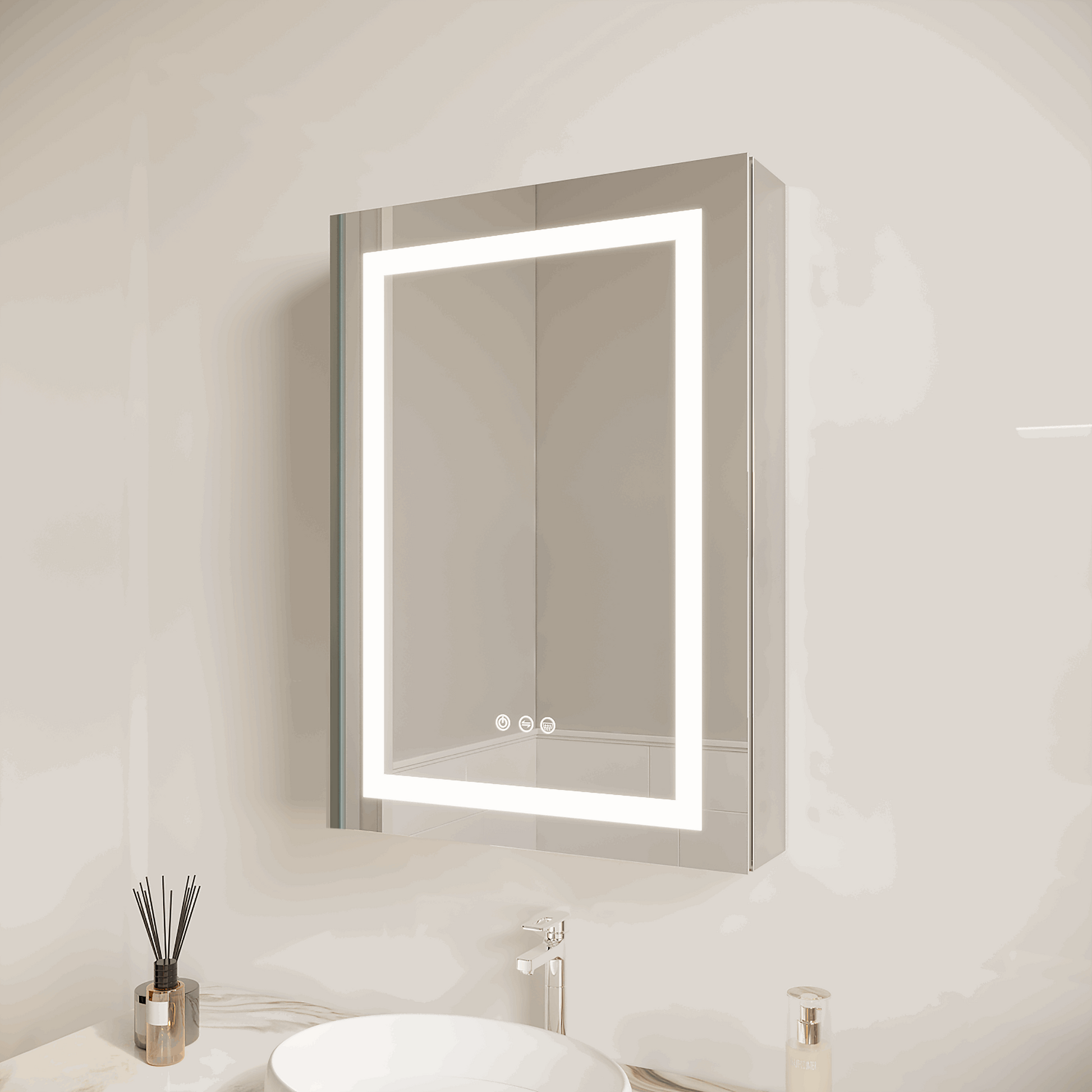 26x20 inch Bathroom Medicine Cabinet with LED Mirror, Anti-Fog, Waterproof, 3000K~6000K Single Door Lighted Bathroom Cabinet with Touch Swich, Dimmable,Recessed or Surface Mount (Left Door)