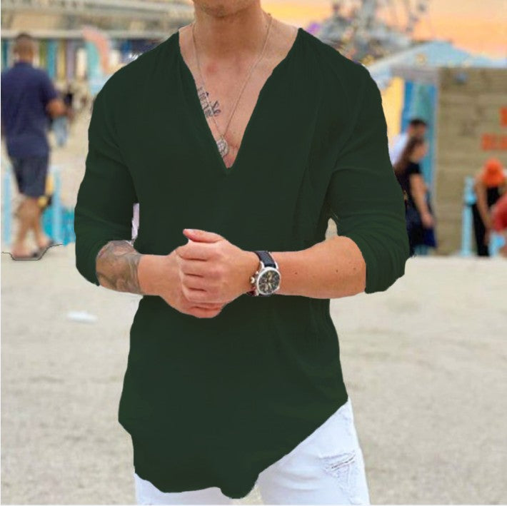 Men's V-Neck Casual Solid Color Long Sleeve T-Shirt Shirt Top