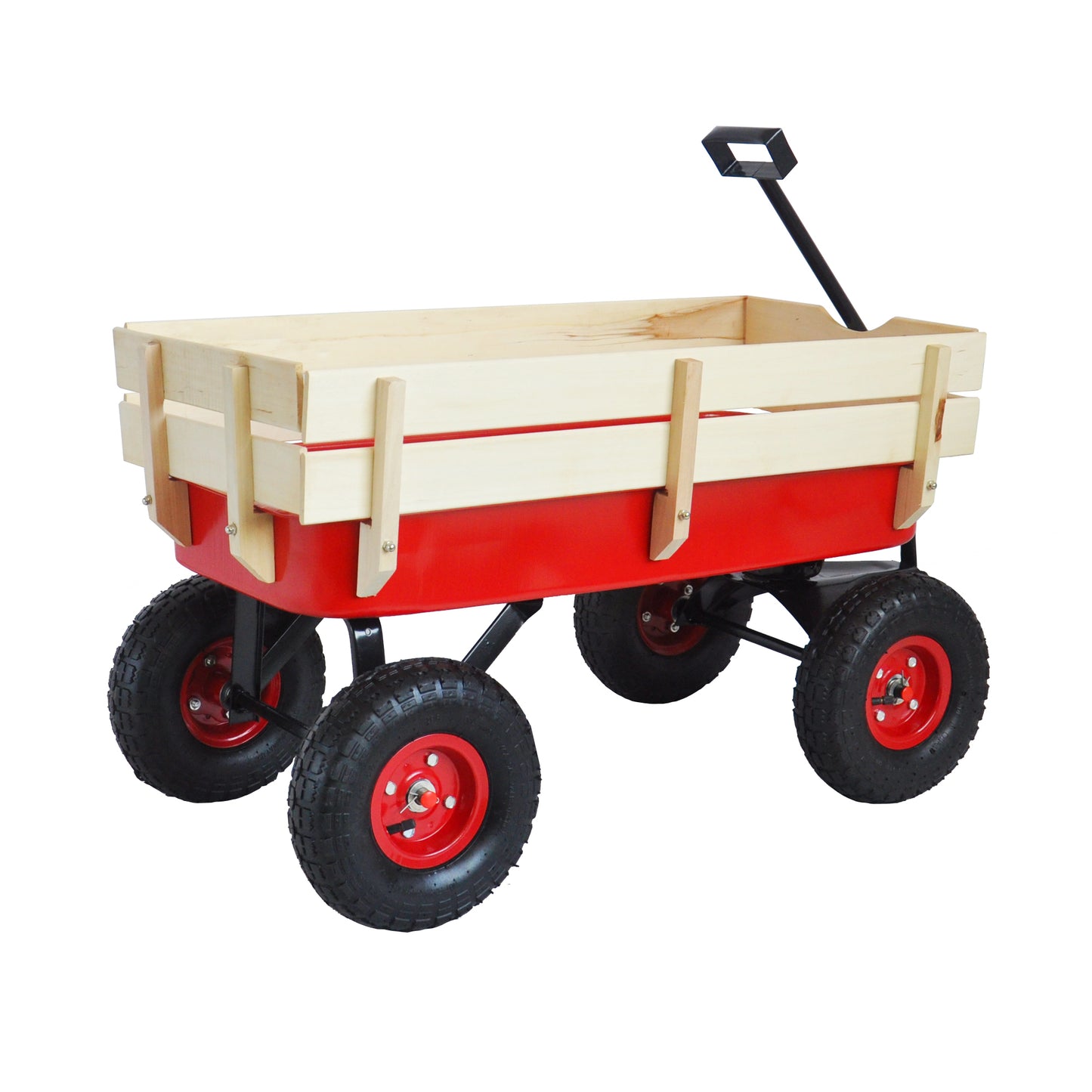 Outdoor Wagon All Terrain Pulling w/Wood Railing Air Tires Children Kid Garden（Red）