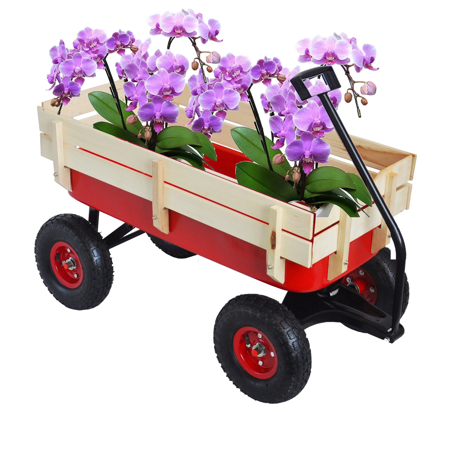 Outdoor Wagon All Terrain Pulling w/Wood Railing Air Tires Children Kid Garden（Red）