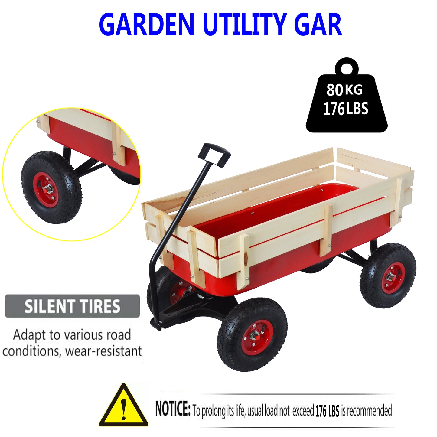 Outdoor Wagon All Terrain Pulling w/Wood Railing Air Tires Children Kid Garden（Red）
