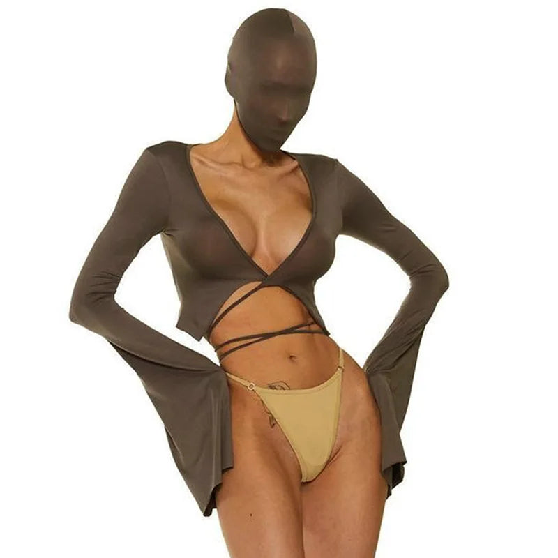 Sexy Tie Front Tops Slim Long Sleeve Cropped Tops