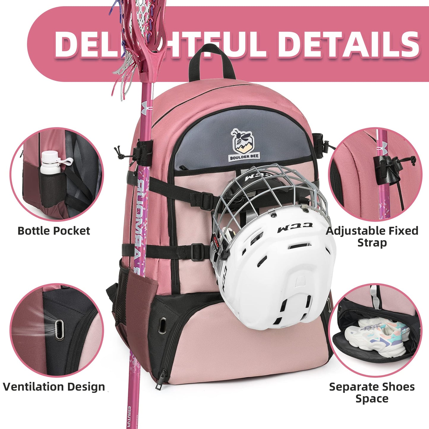 BOULDER BEE | Lacrosse Backpack | Lacrosse Bags with Stick Holders | Field Hockey Bag | Lacrosse Gift for Women