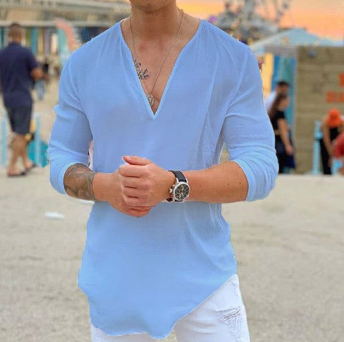 Men's V-Neck Casual Solid Color Long Sleeve T-Shirt Shirt Top