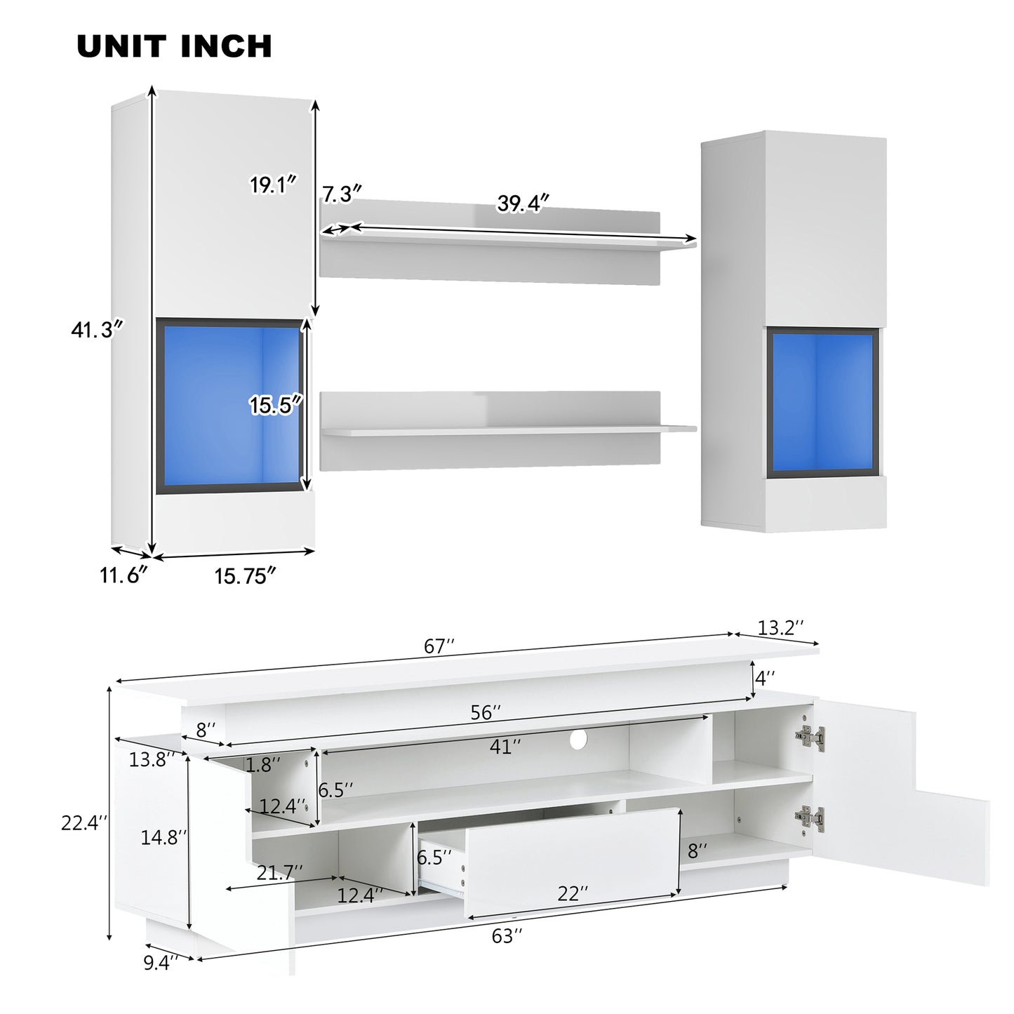 ON-TREND Stylish Functional TV stand, 5 Pieces Floating TV Stand Set, High Gloss Wall Mounted Entertainment Center with 16-color LED Light Strips for 75+ inch TV, White