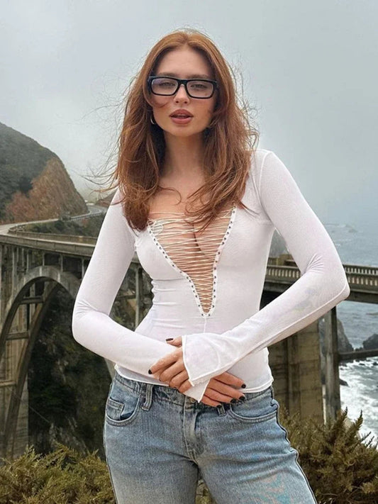 V-Neck Hollow-Out Long Sleeve Slim-Fit Top T Shirt